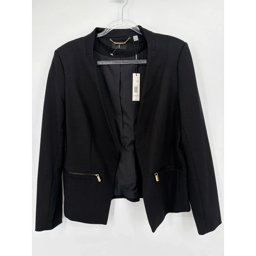 Tahari Women's Black Blazer Size 10 Gold Zip Pockets NWT $98